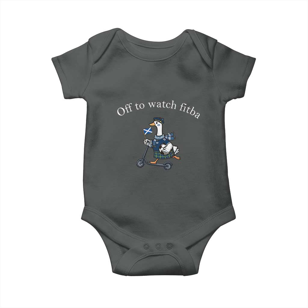 Off To Watch Fitba Baby Onesie Funny Scottish Goose Riding Scooter Football Fan