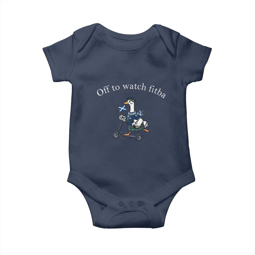 Off To Watch Fitba Baby Onesie Funny Scottish Goose Riding Scooter Football Fan