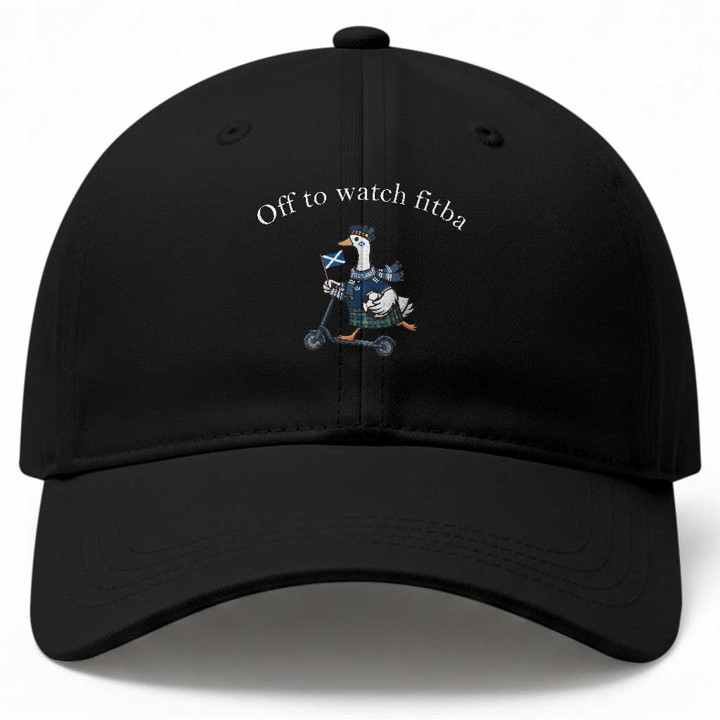 Off To Watch Fitba Baseball Cap Funny Scottish Goose Riding Scooter Football Fan