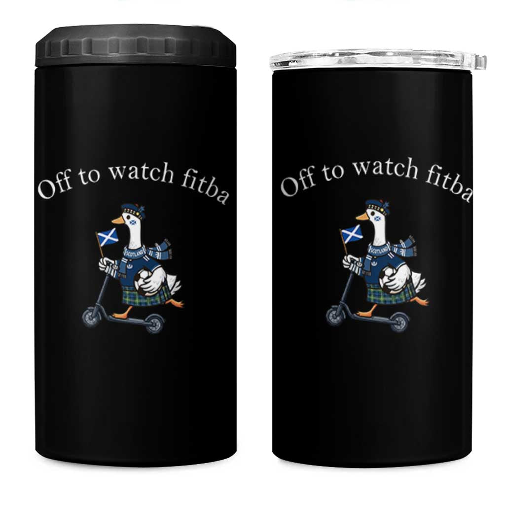 Off To Watch Fitba 4 in 1 Can Cooler Tumbler Funny Scottish Goose Riding Scooter Football Fan