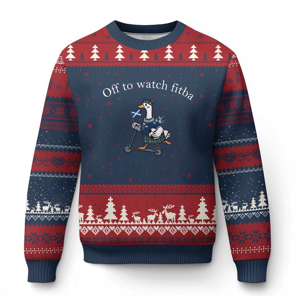 Off To Watch Fitba Ugly Christmas Sweater Funny Scottish Goose Riding Scooter Football Fan