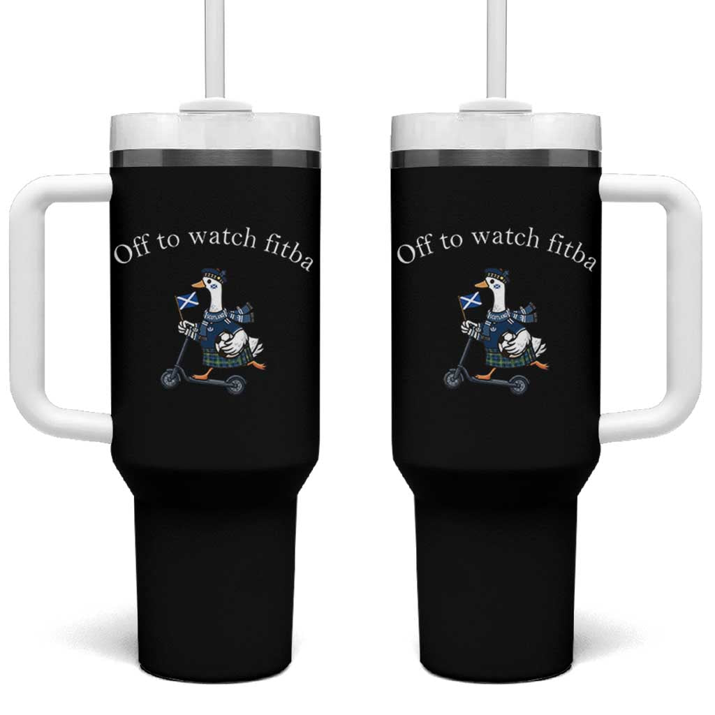 Off To Watch Fitba Tumbler With Handle Funny Scottish Goose Riding Scooter Football Fan