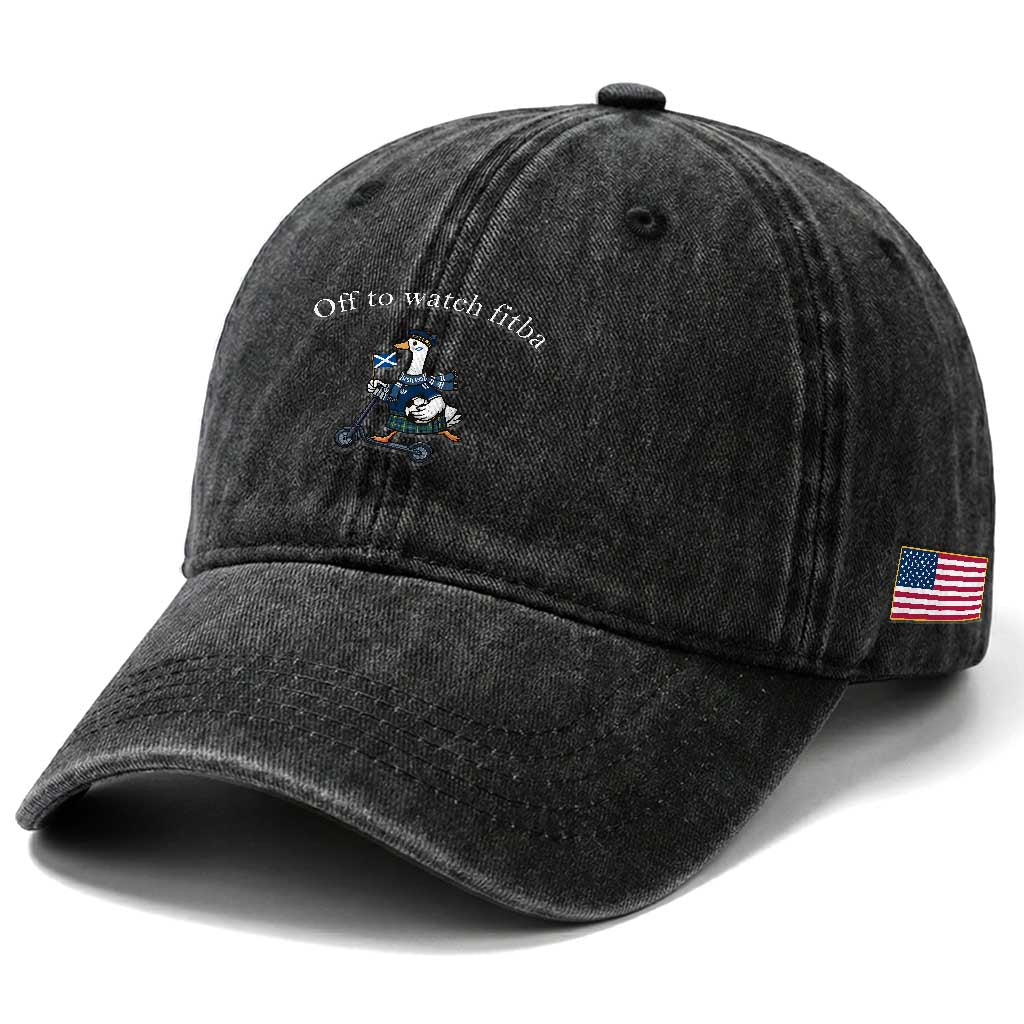 Off To Watch Fitba Washed Cotton Baseball Cap Funny Scottish Goose Riding Scooter Football Fan