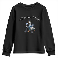 Off To Watch Fitba Youth Sweatshirt Funny Scottish Goose Riding Scooter Football Fan