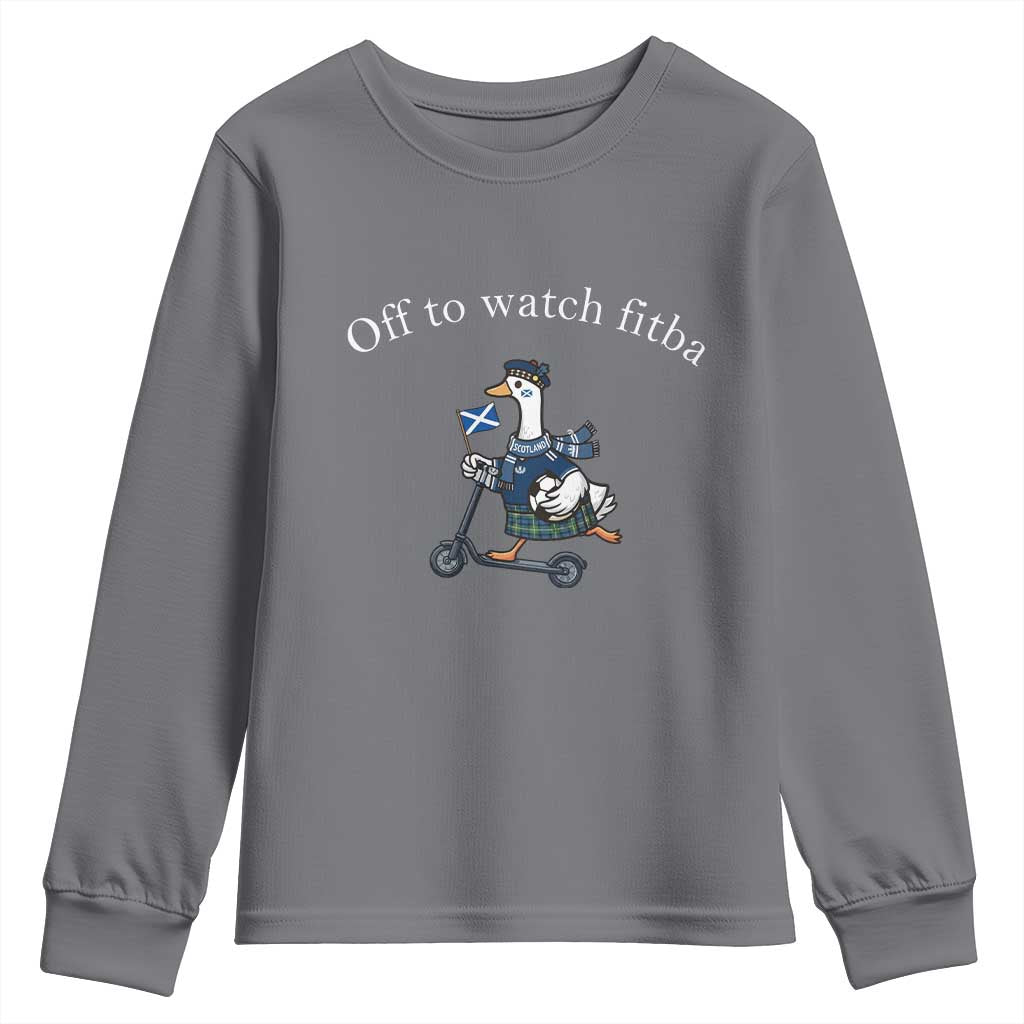 Off To Watch Fitba Youth Sweatshirt Funny Scottish Goose Riding Scooter Football Fan