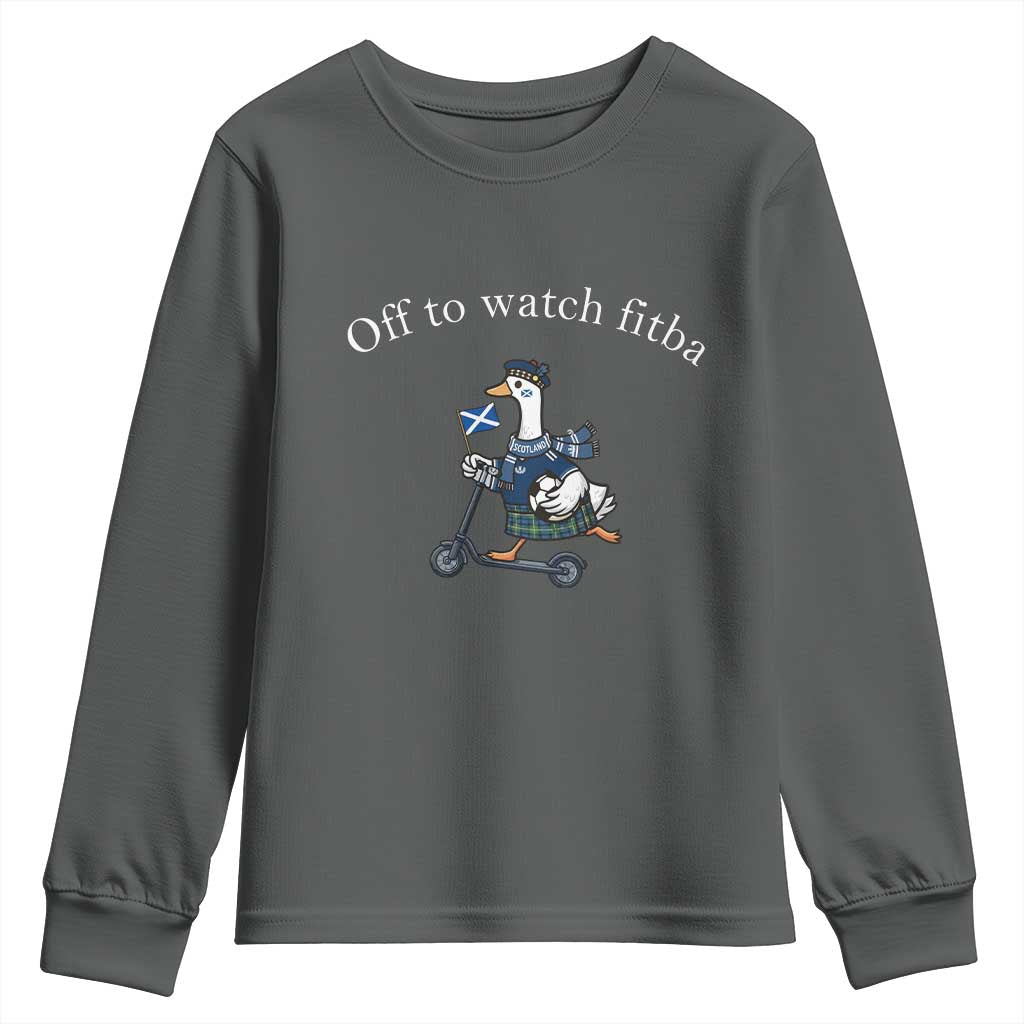 Off To Watch Fitba Youth Sweatshirt Funny Scottish Goose Riding Scooter Football Fan