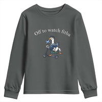Off To Watch Fitba Youth Sweatshirt Funny Scottish Goose Riding Scooter Football Fan