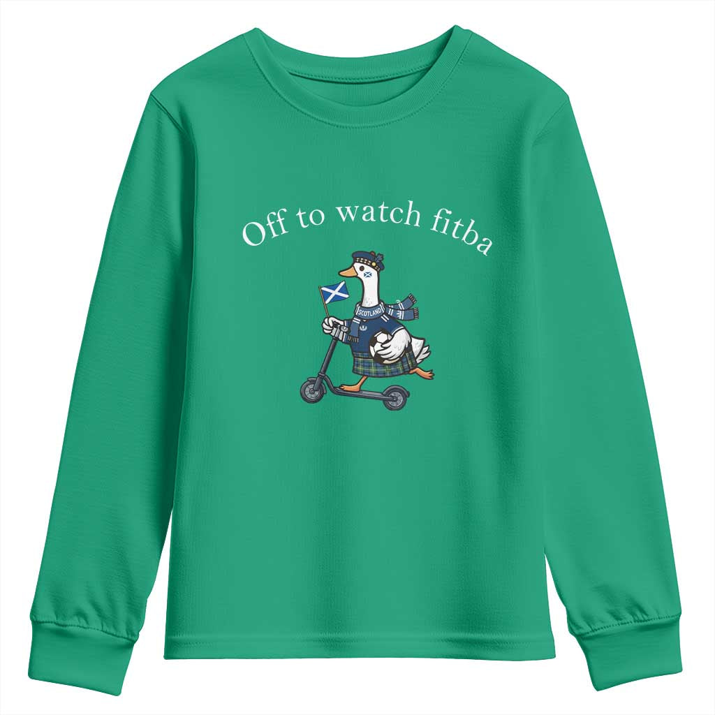 Off To Watch Fitba Youth Sweatshirt Funny Scottish Goose Riding Scooter Football Fan
