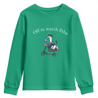 Off To Watch Fitba Youth Sweatshirt Funny Scottish Goose Riding Scooter Football Fan