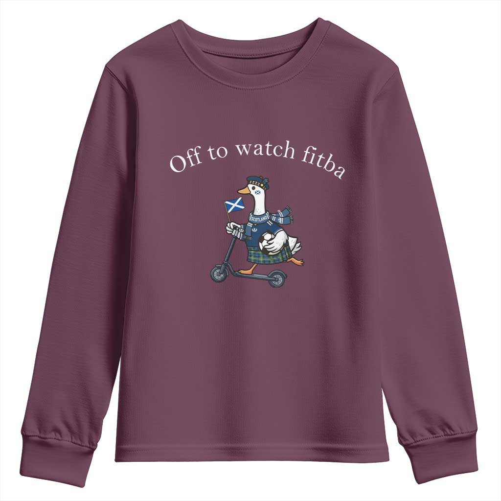 Off To Watch Fitba Youth Sweatshirt Funny Scottish Goose Riding Scooter Football Fan