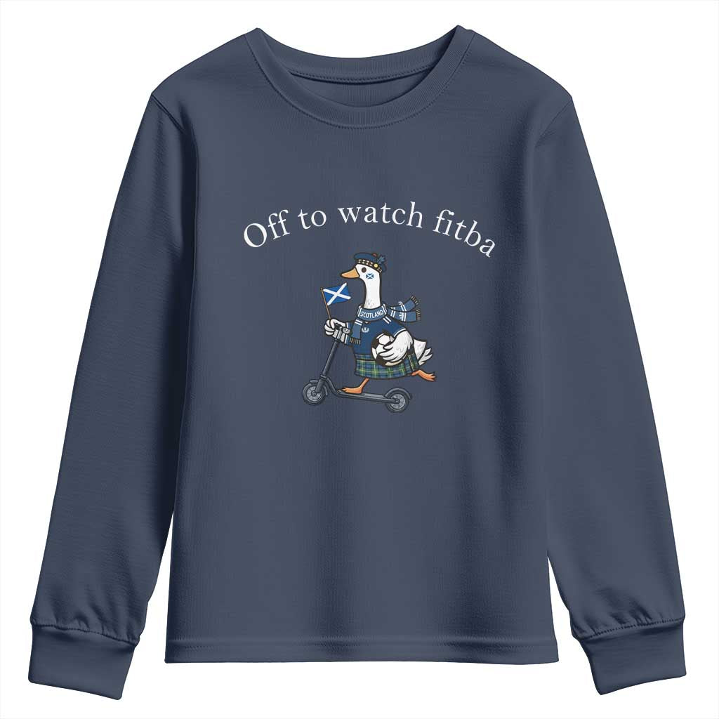 Off To Watch Fitba Youth Sweatshirt Funny Scottish Goose Riding Scooter Football Fan