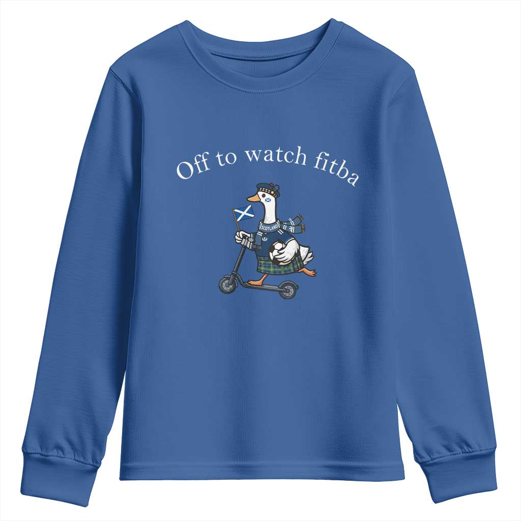 Off To Watch Fitba Youth Sweatshirt Funny Scottish Goose Riding Scooter Football Fan