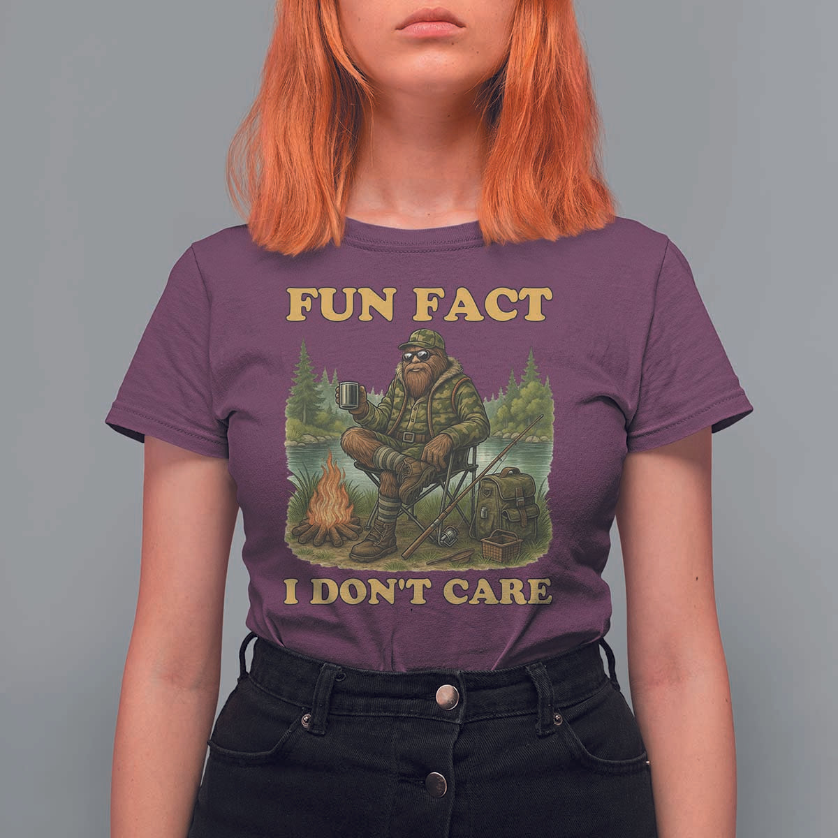 Funny Bigfoot Sarcastic T Shirt For Women Fun Fact I Don Not Care Sasquatch Camping - Wonder Print Shop