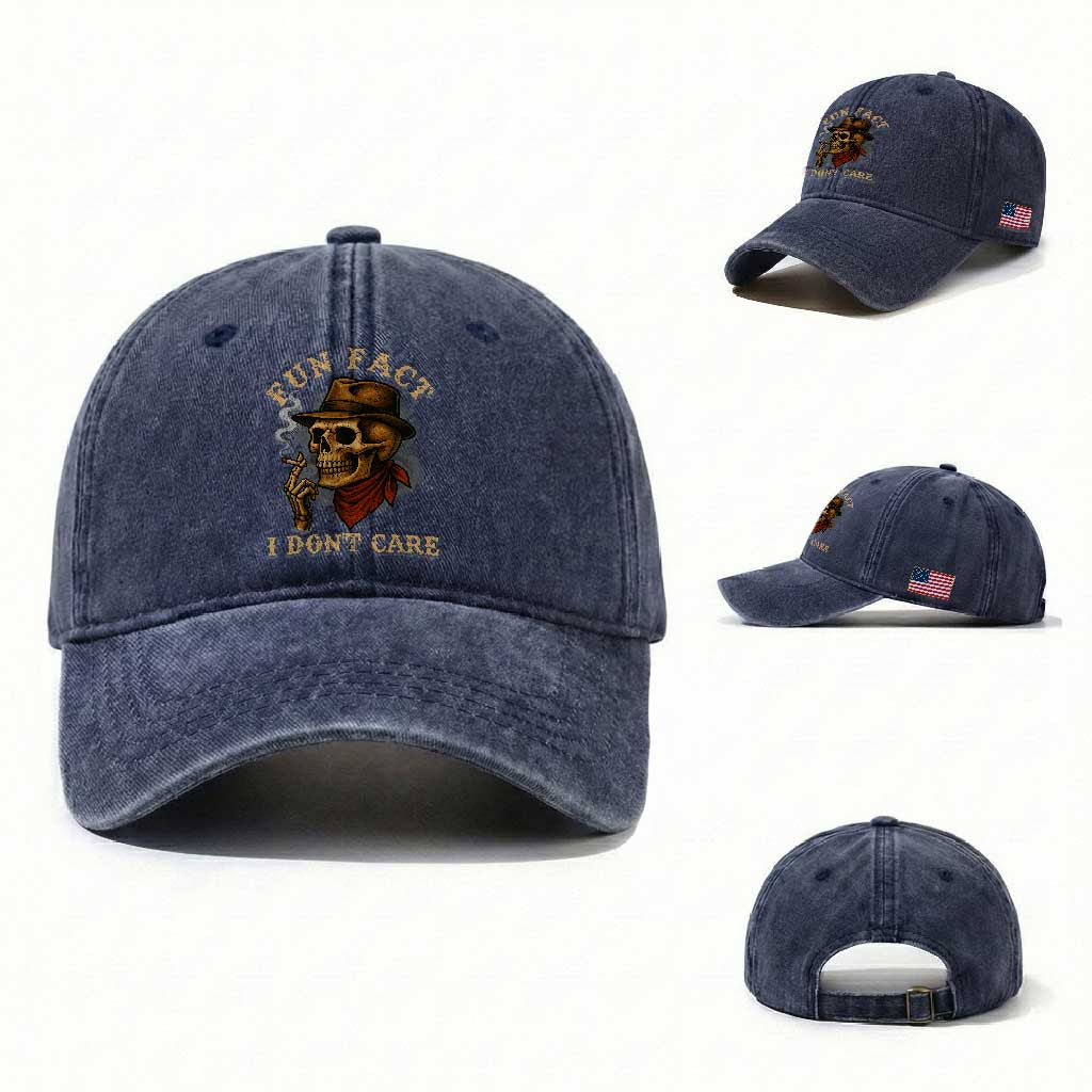 Funny Skull Sarcastic Washed Cotton Baseball Cap Fun Fact I Don Not Care