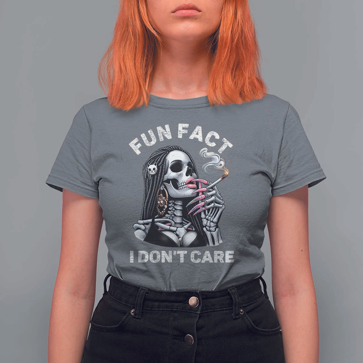 Funny Skeleton Smoking T Shirt For Women Fun Fact I Don Not Care Sarcastic Women Skull - Wonder Print Shop