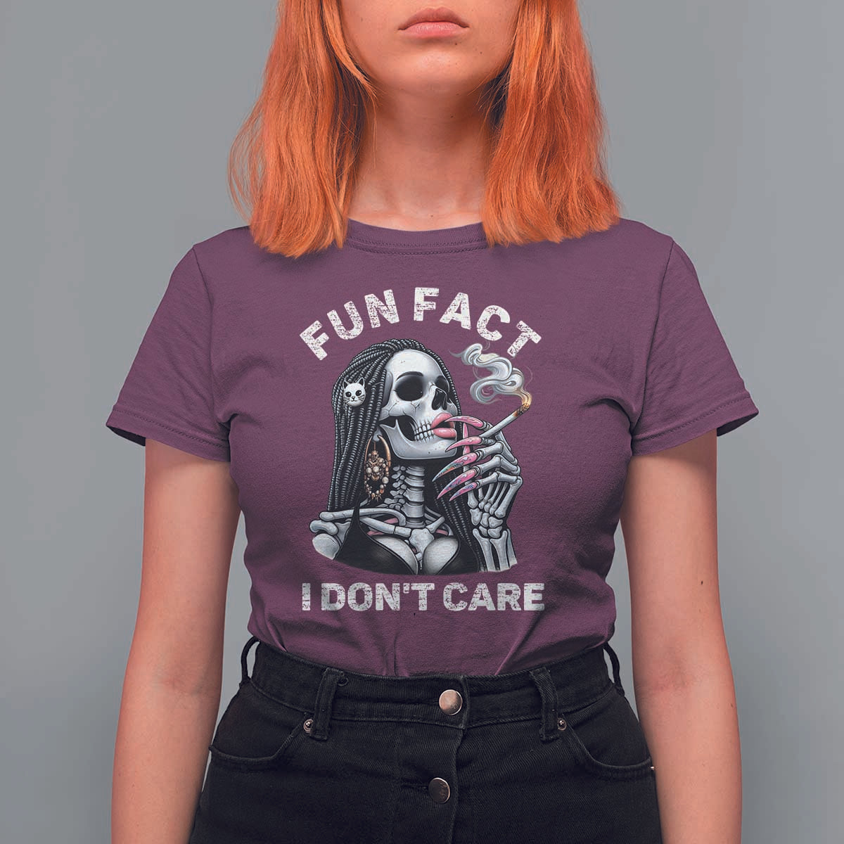 Funny Skeleton Smoking T Shirt For Women Fun Fact I Don Not Care Sarcastic Women Skull - Wonder Print Shop