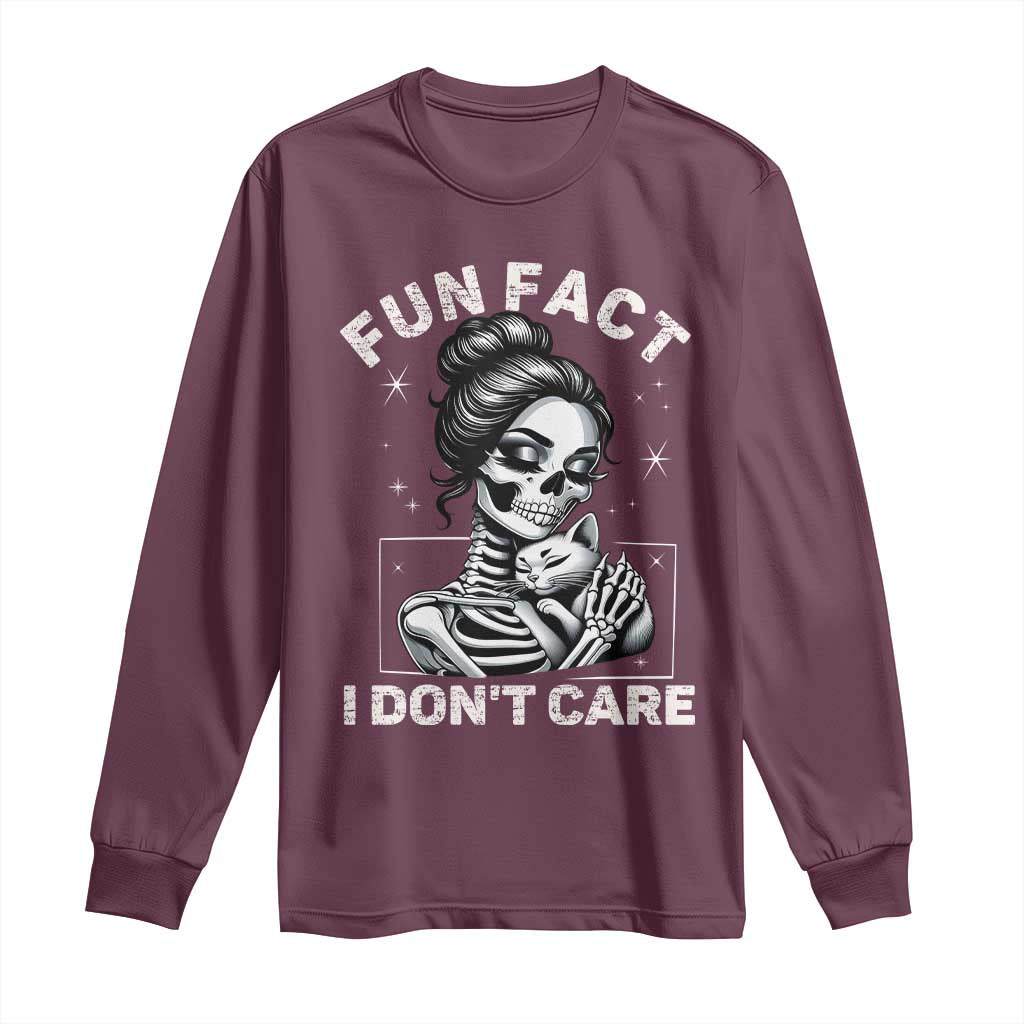Funny Skeleton Sarcastic Long Sleeve Shirt Fun Fact I Don Not Care Cat Lover - Wonder Print Shop