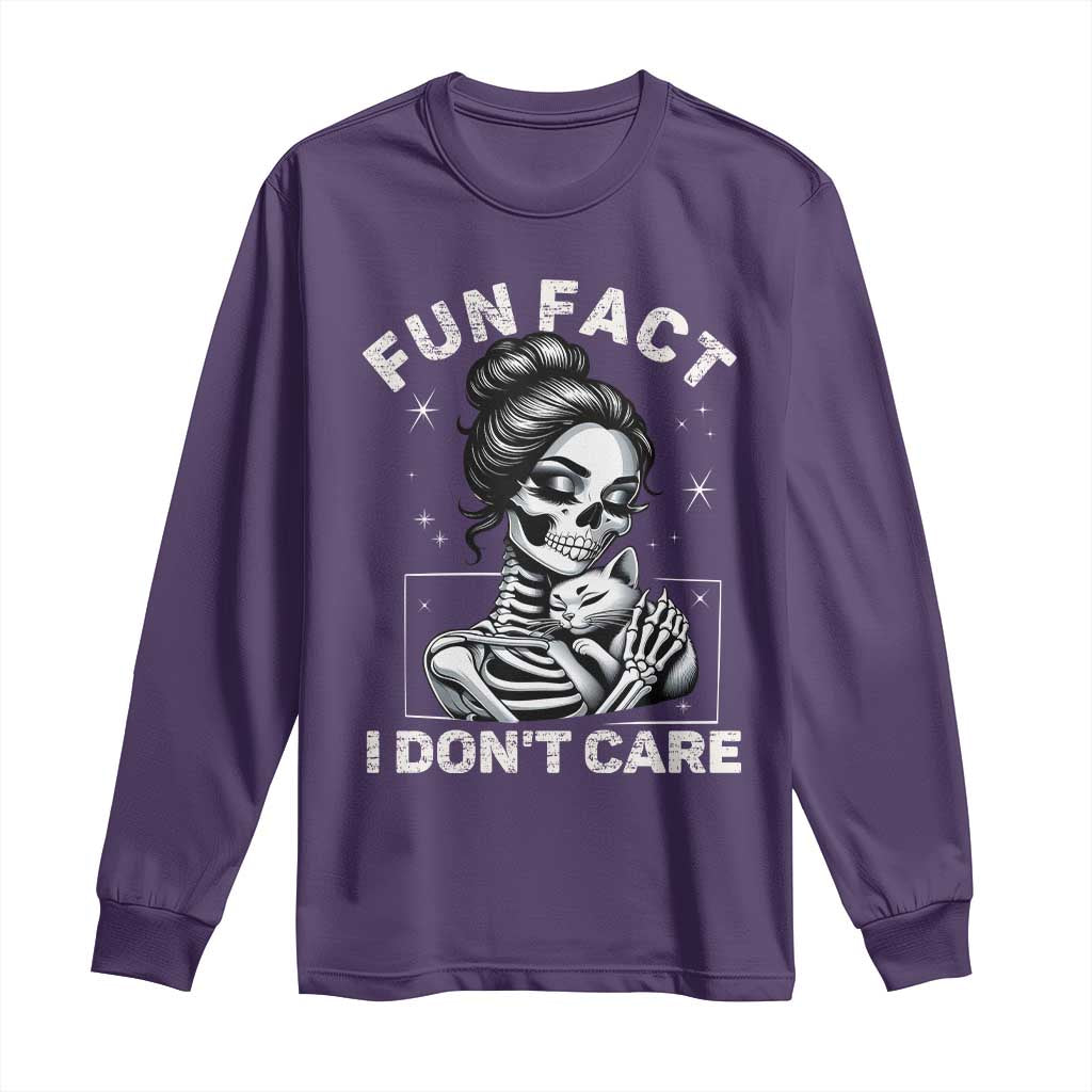 Funny Skeleton Sarcastic Long Sleeve Shirt Fun Fact I Don Not Care Cat Lover - Wonder Print Shop