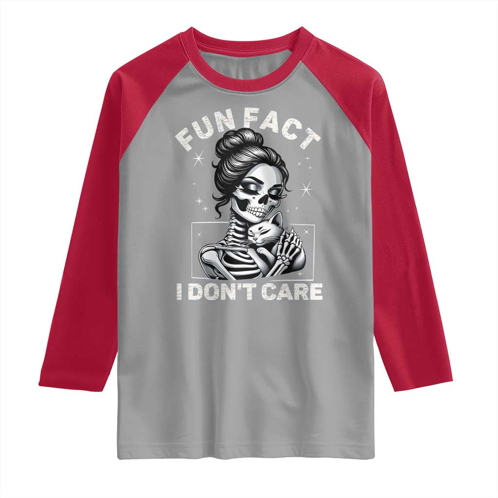Funny Skeleton Sarcastic Raglan Shirt Fun Fact I Don Not Care Cat Lover - Wonder Print Shop