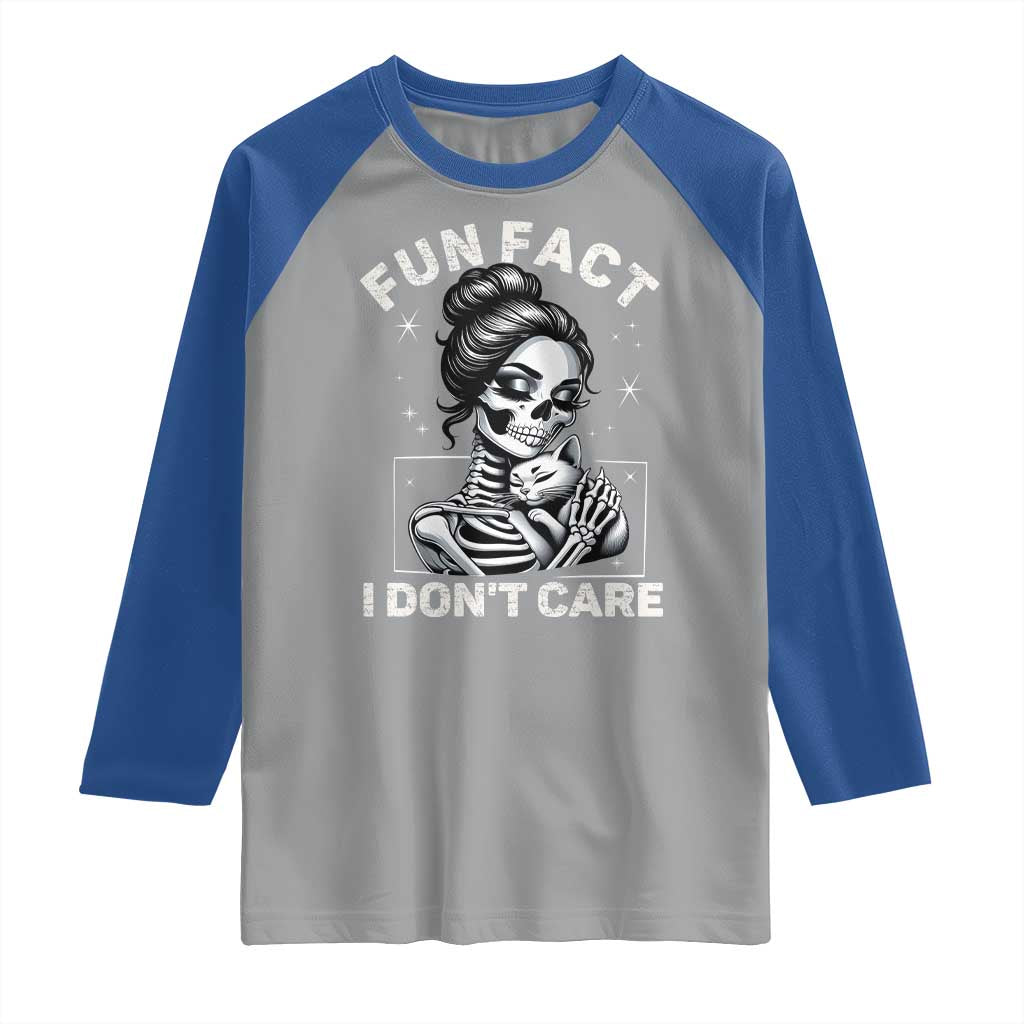 Funny Skeleton Sarcastic Raglan Shirt Fun Fact I Don Not Care Cat Lover - Wonder Print Shop