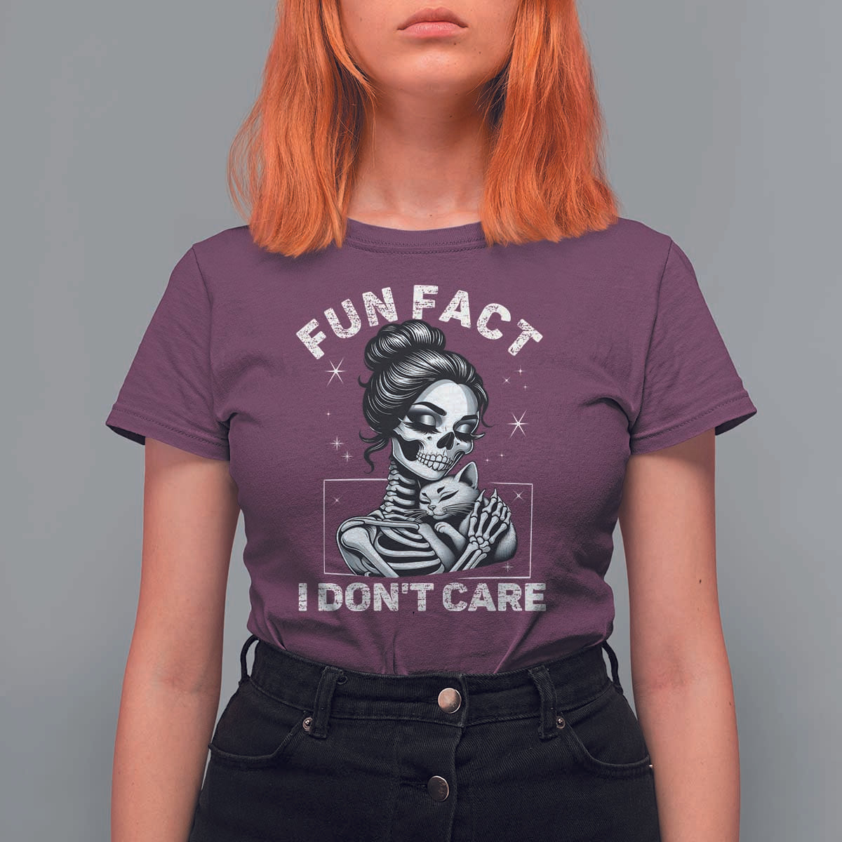 Funny Skeleton Sarcastic T Shirt For Women Fun Fact I Don Not Care Cat Lover - Wonder Print Shop