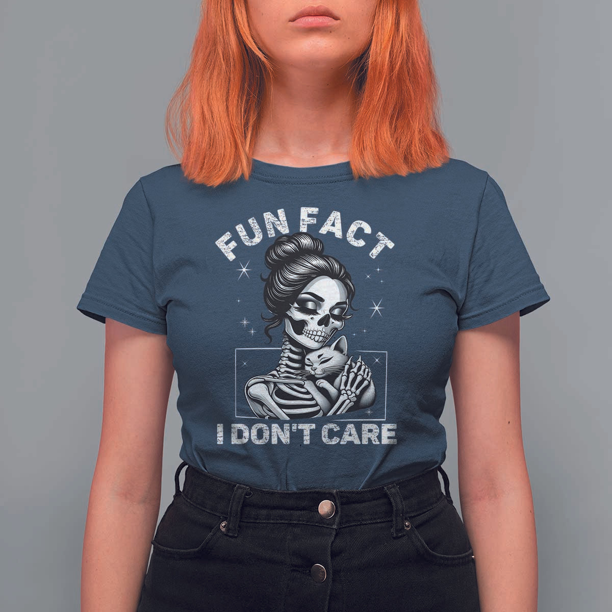 Funny Skeleton Sarcastic T Shirt For Women Fun Fact I Don Not Care Cat Lover - Wonder Print Shop