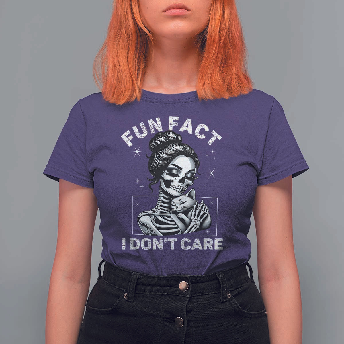 Funny Skeleton Sarcastic T Shirt For Women Fun Fact I Don Not Care Cat Lover - Wonder Print Shop