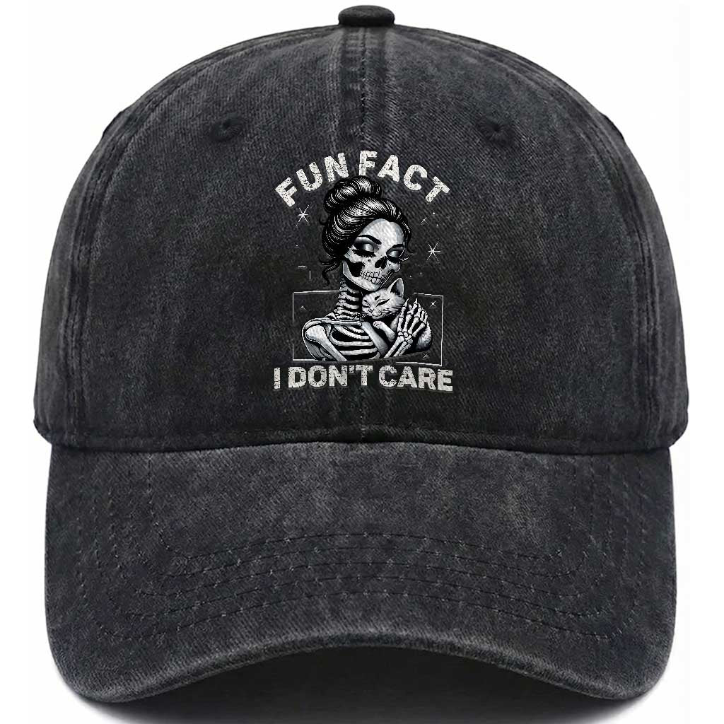 Funny Skeleton Sarcastic Washed Cotton Baseball Cap Fun Fact I Don Not Care Cat Lover