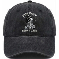 Funny Skeleton Sarcastic Washed Cotton Baseball Cap Fun Fact I Don Not Care Cat Lover