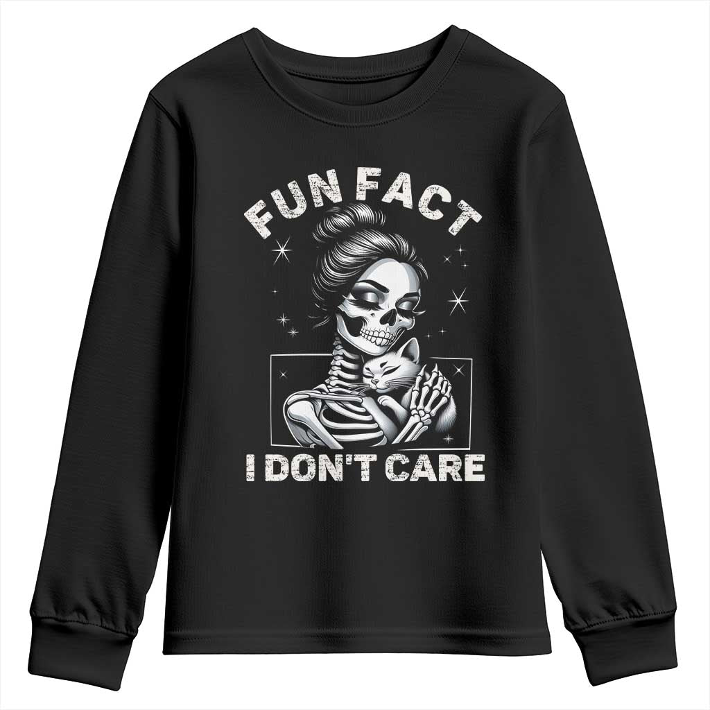 Funny Skeleton Sarcastic Youth Sweatshirt Fun Fact I Don Not Care Cat Lover - Wonder Print Shop