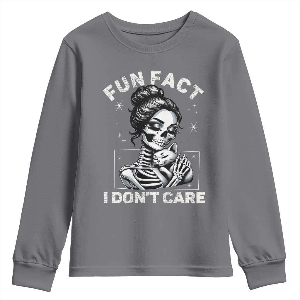 Funny Skeleton Sarcastic Youth Sweatshirt Fun Fact I Don Not Care Cat Lover - Wonder Print Shop