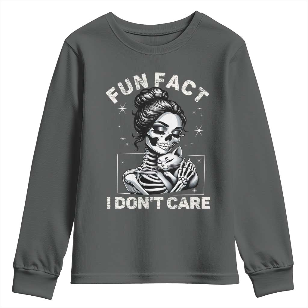 Funny Skeleton Sarcastic Youth Sweatshirt Fun Fact I Don Not Care Cat Lover - Wonder Print Shop