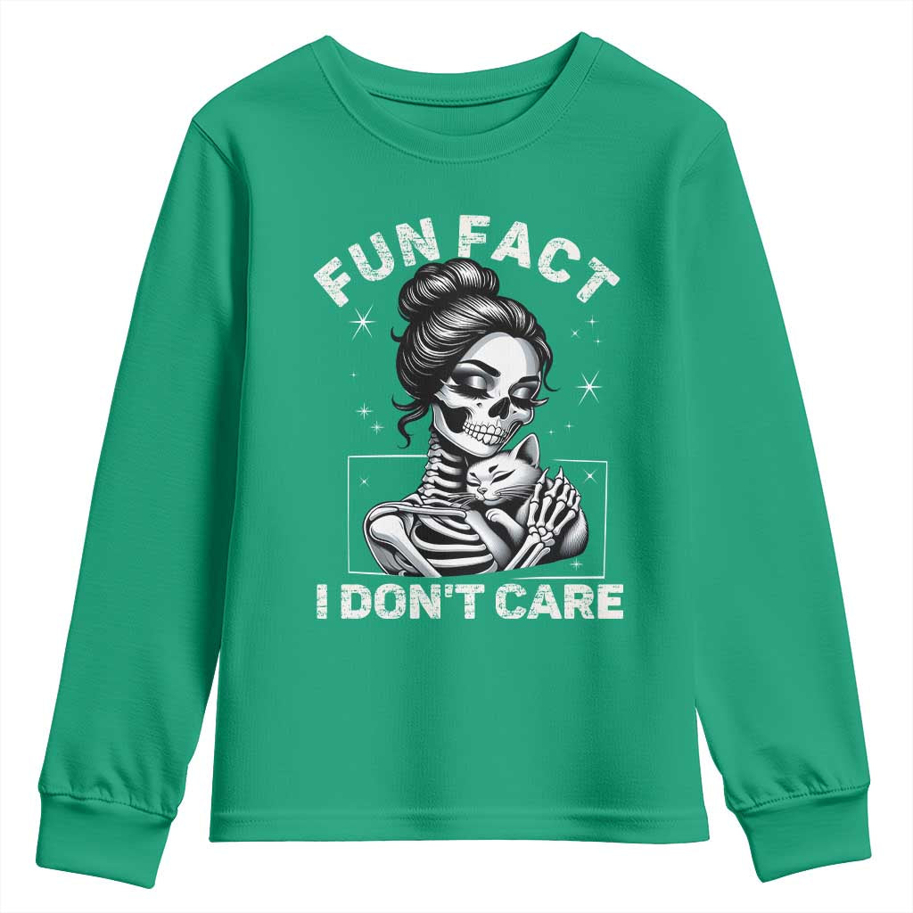 Funny Skeleton Sarcastic Youth Sweatshirt Fun Fact I Don Not Care Cat Lover - Wonder Print Shop