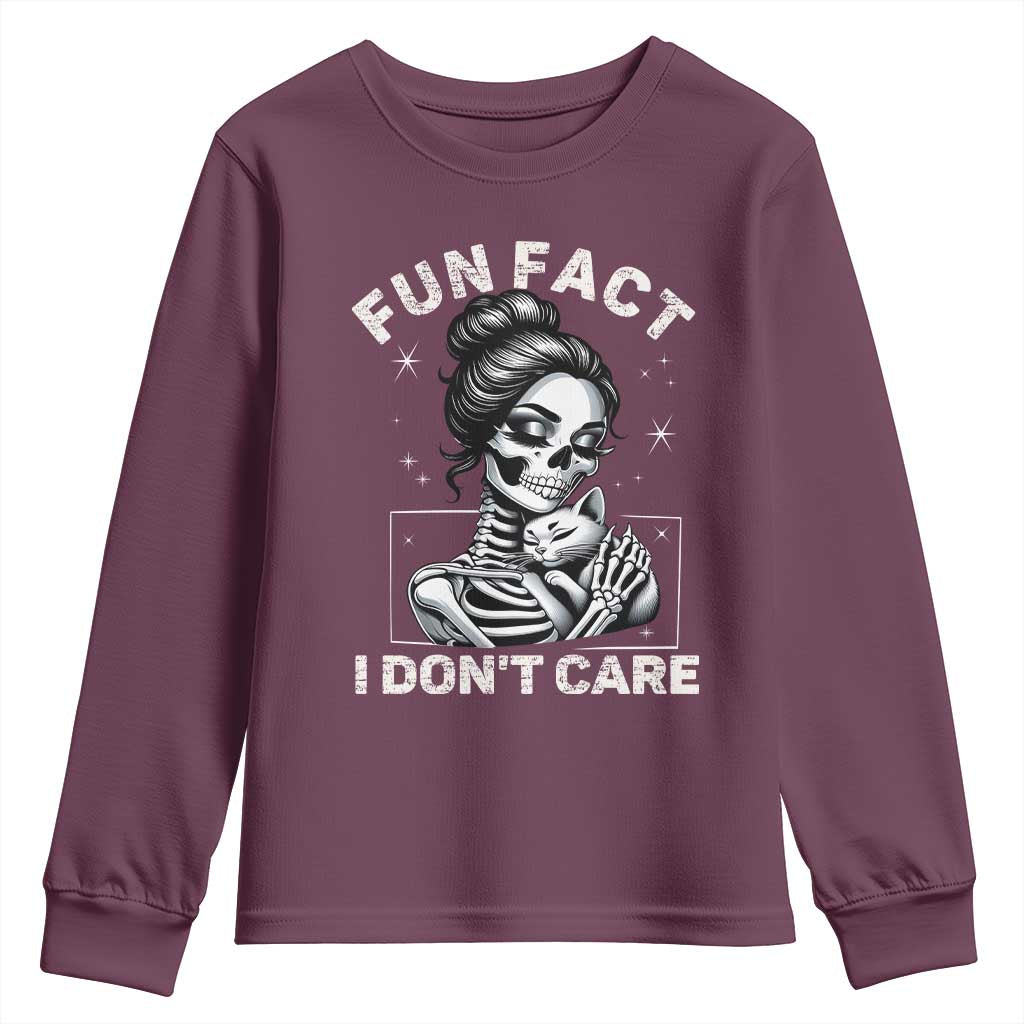 Funny Skeleton Sarcastic Youth Sweatshirt Fun Fact I Don Not Care Cat Lover - Wonder Print Shop