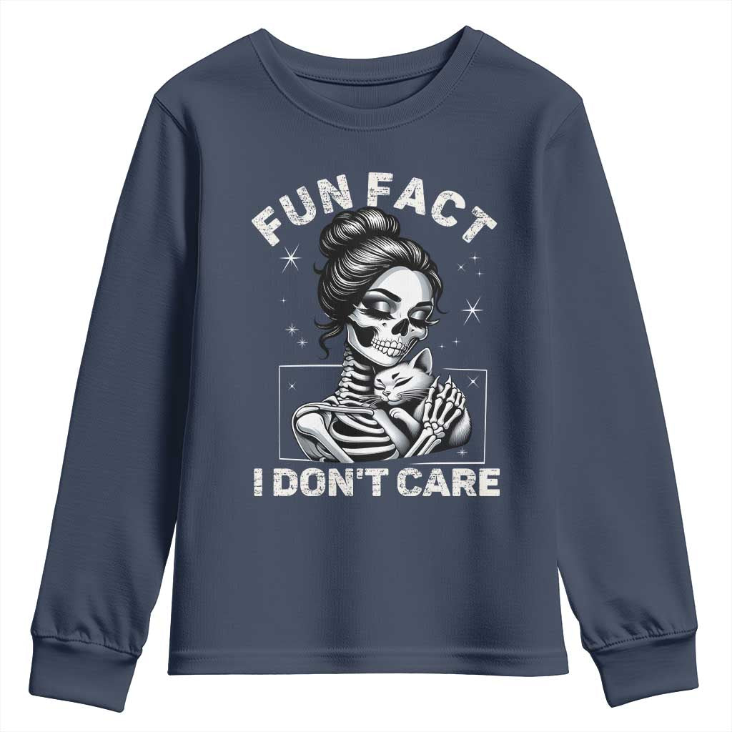 Funny Skeleton Sarcastic Youth Sweatshirt Fun Fact I Don Not Care Cat Lover - Wonder Print Shop
