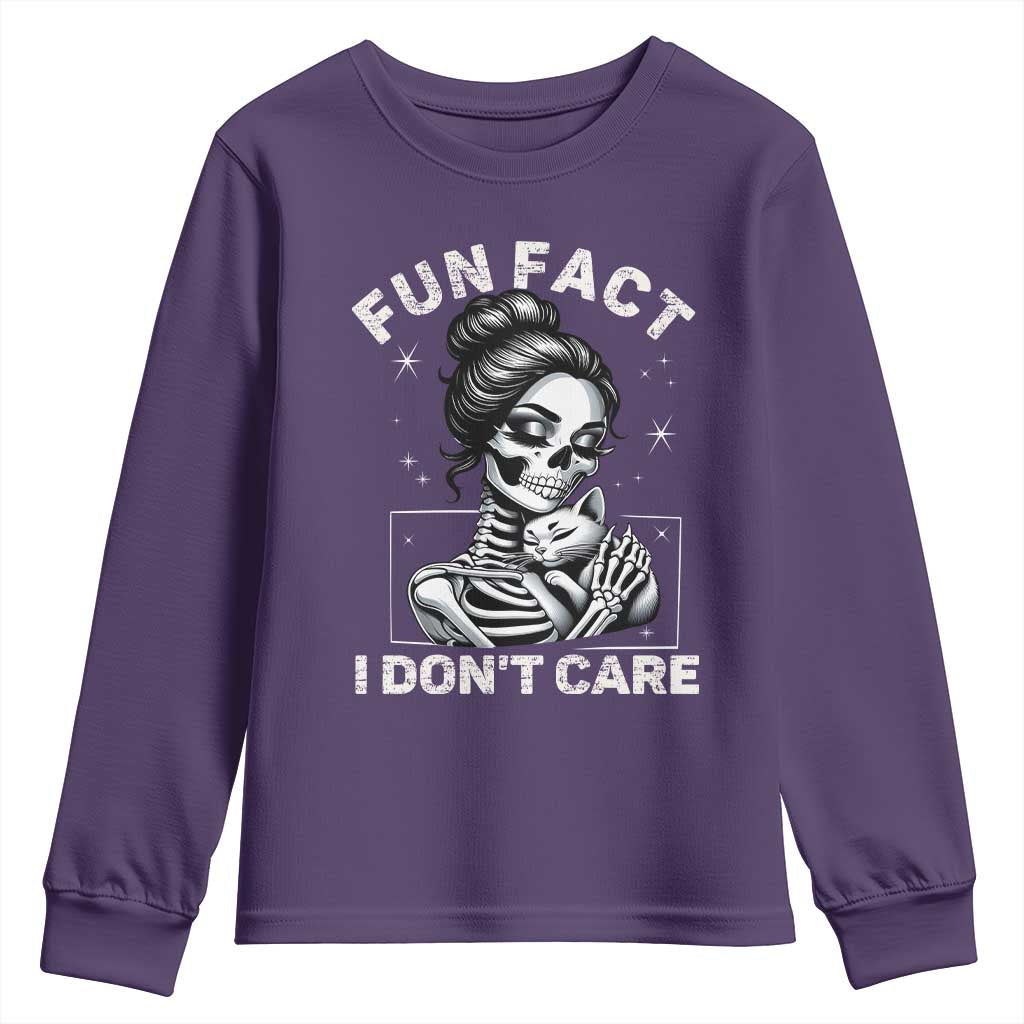 Funny Skeleton Sarcastic Youth Sweatshirt Fun Fact I Don Not Care Cat Lover - Wonder Print Shop
