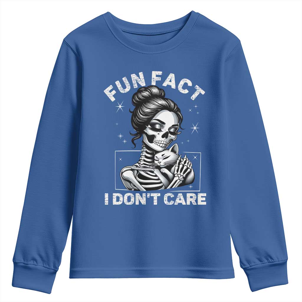Funny Skeleton Sarcastic Youth Sweatshirt Fun Fact I Don Not Care Cat Lover - Wonder Print Shop