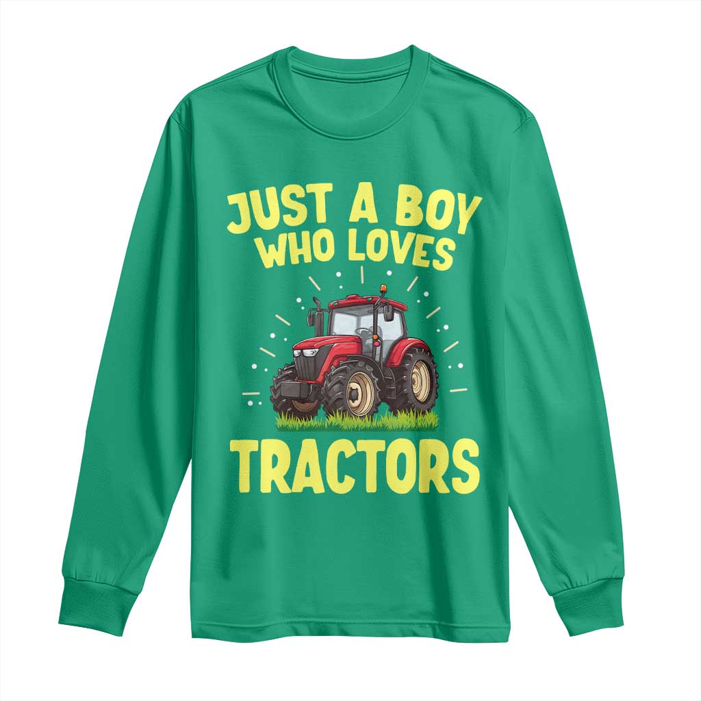 Funny Farming Tractor Long Sleeve Shirt Just A Boy Who Loves Tractors - Wonder Print Shop
