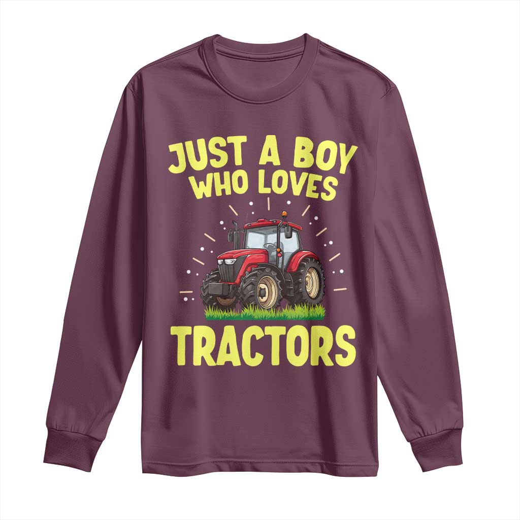 Funny Farming Tractor Long Sleeve Shirt Just A Boy Who Loves Tractors - Wonder Print Shop
