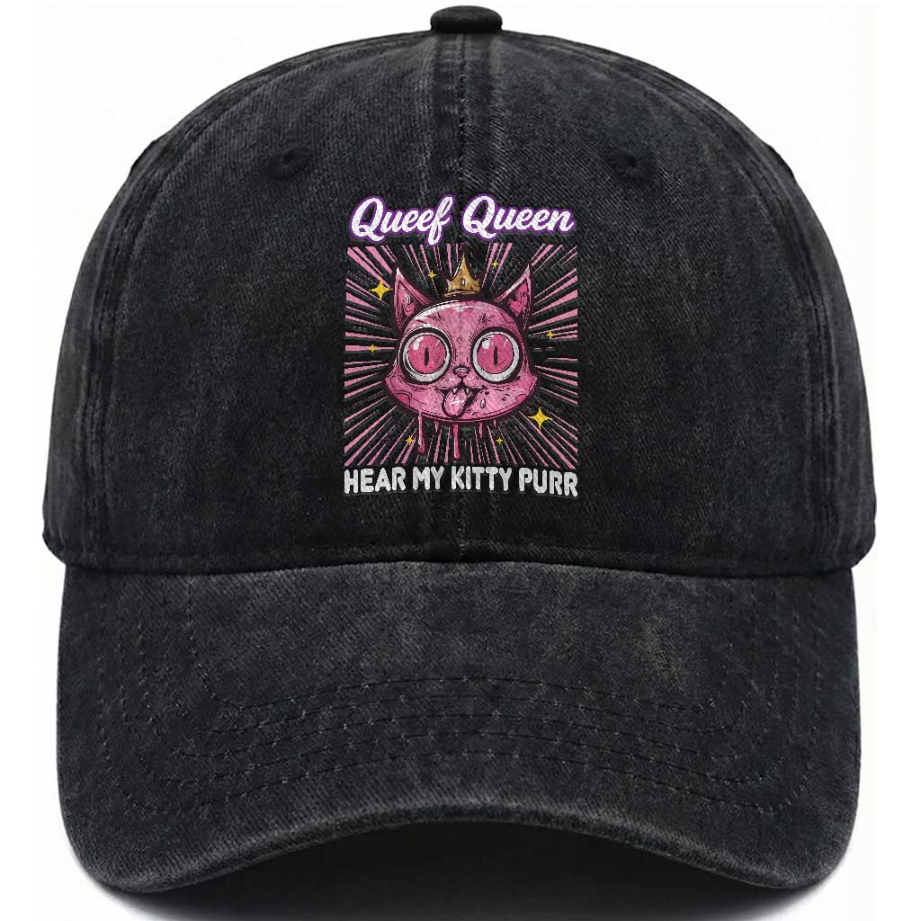 Queef Queen Cat Meme Washed Cotton Baseball Cap Funny Inappropriate Adult Humor