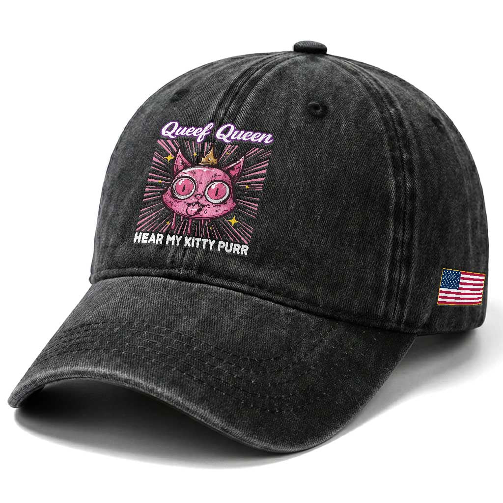 Queef Queen Cat Meme Washed Cotton Baseball Cap Funny Inappropriate Adult Humor