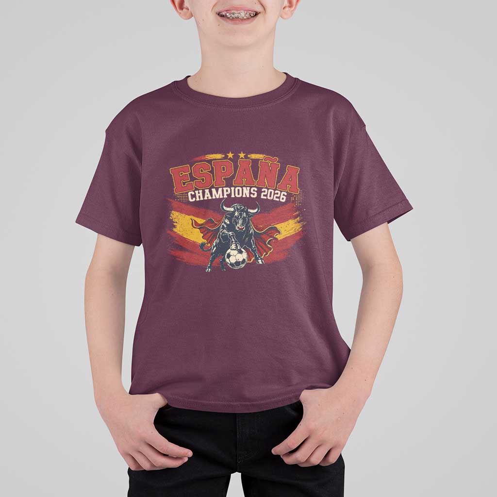 Spain Champions 2026 T Shirt For Kid Espana Soccer Fan Spanish Flag Bull
