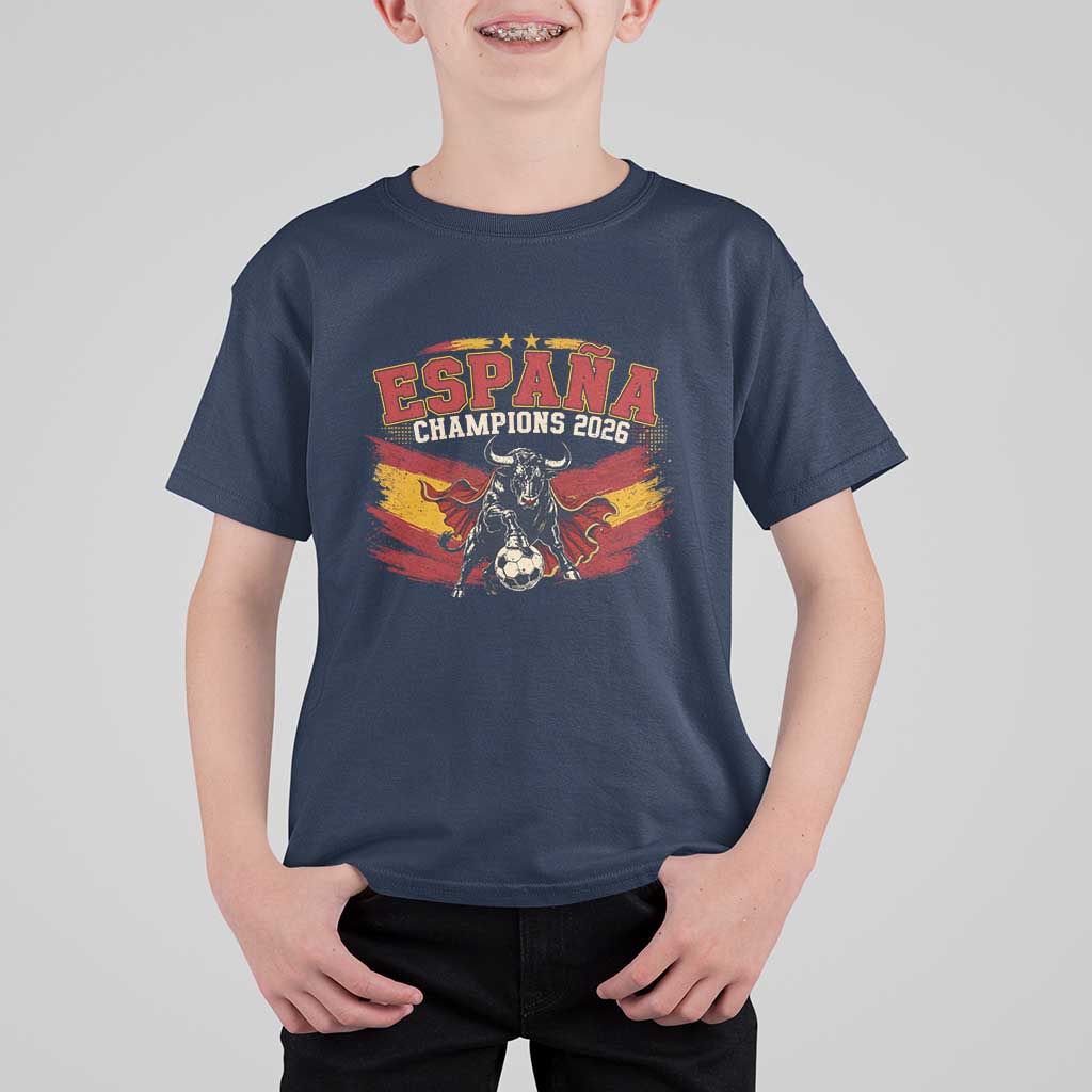 Spain Champions 2026 T Shirt For Kid Espana Soccer Fan Spanish Flag Bull