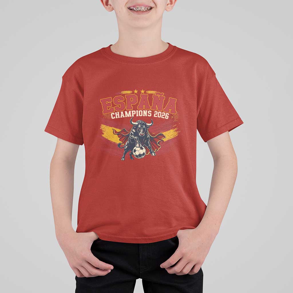 Spain Champions 2026 T Shirt For Kid Espana Soccer Fan Spanish Flag Bull