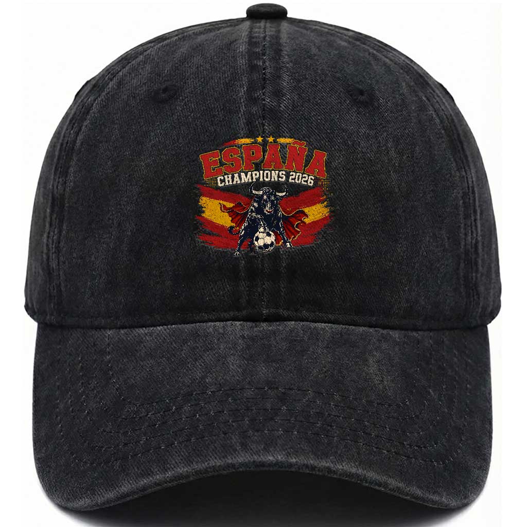 Spain Champions 2026 Washed Cotton Baseball Cap Espana Soccer Fan Spanish Flag Bull