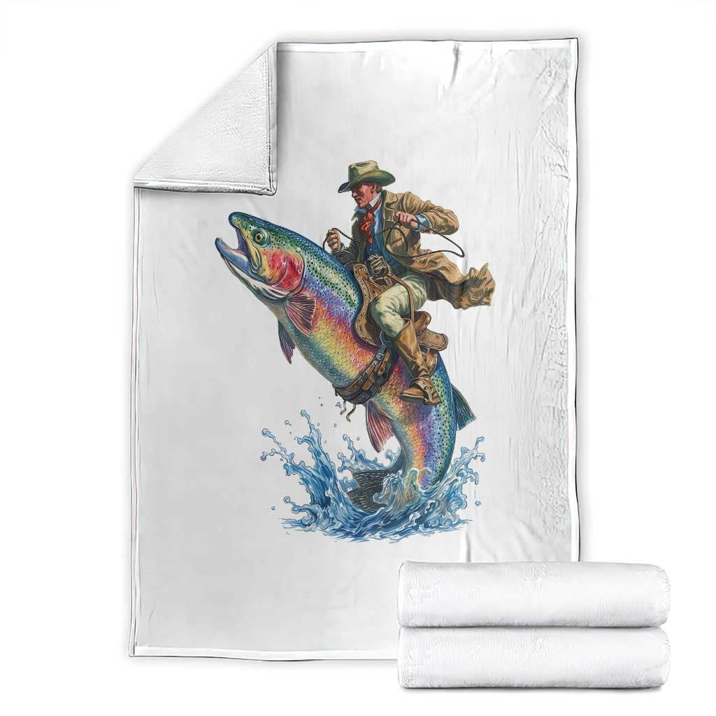 Vintage Cowboy Riding Rainbow Trout Throw Blanket Funny Fishing Western Rodeo