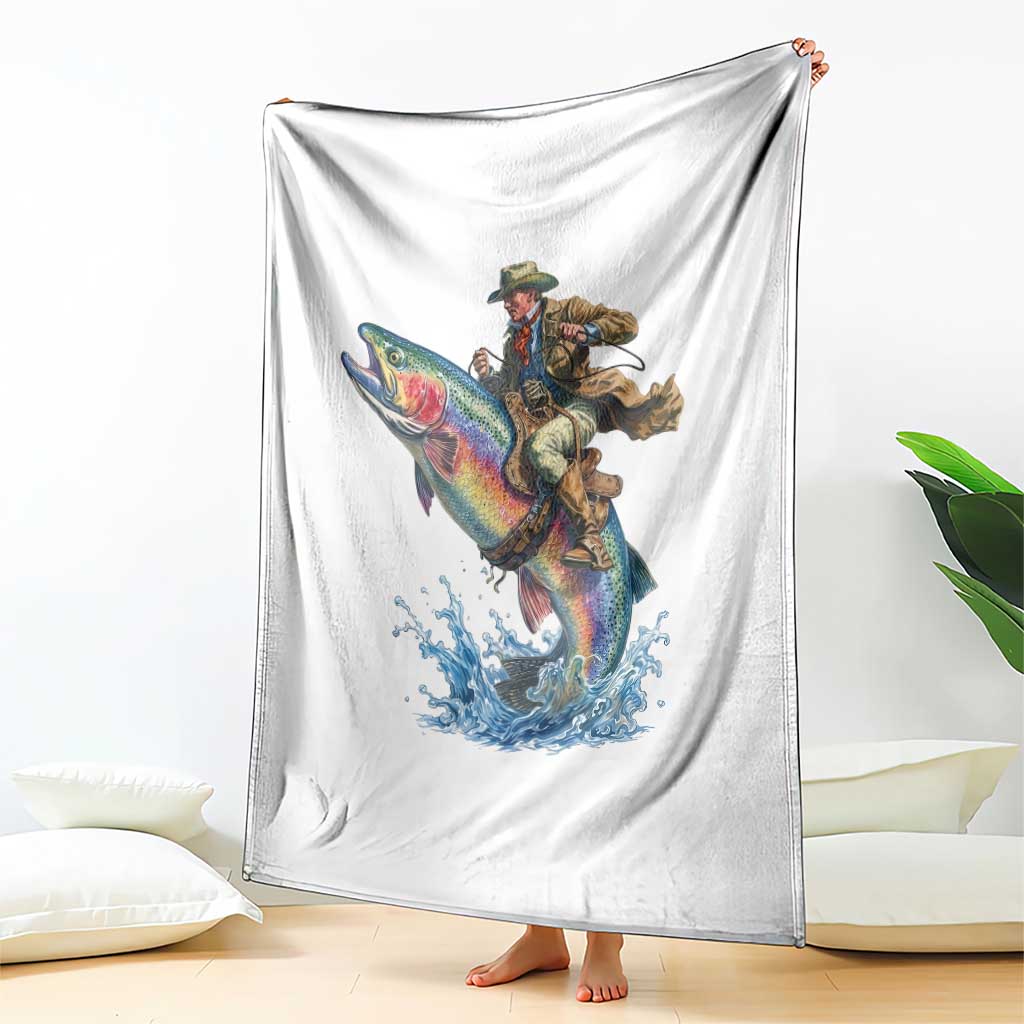 Vintage Cowboy Riding Rainbow Trout Throw Blanket Funny Fishing Western Rodeo