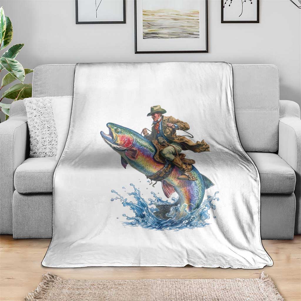 Vintage Cowboy Riding Rainbow Trout Throw Blanket Funny Fishing Western Rodeo