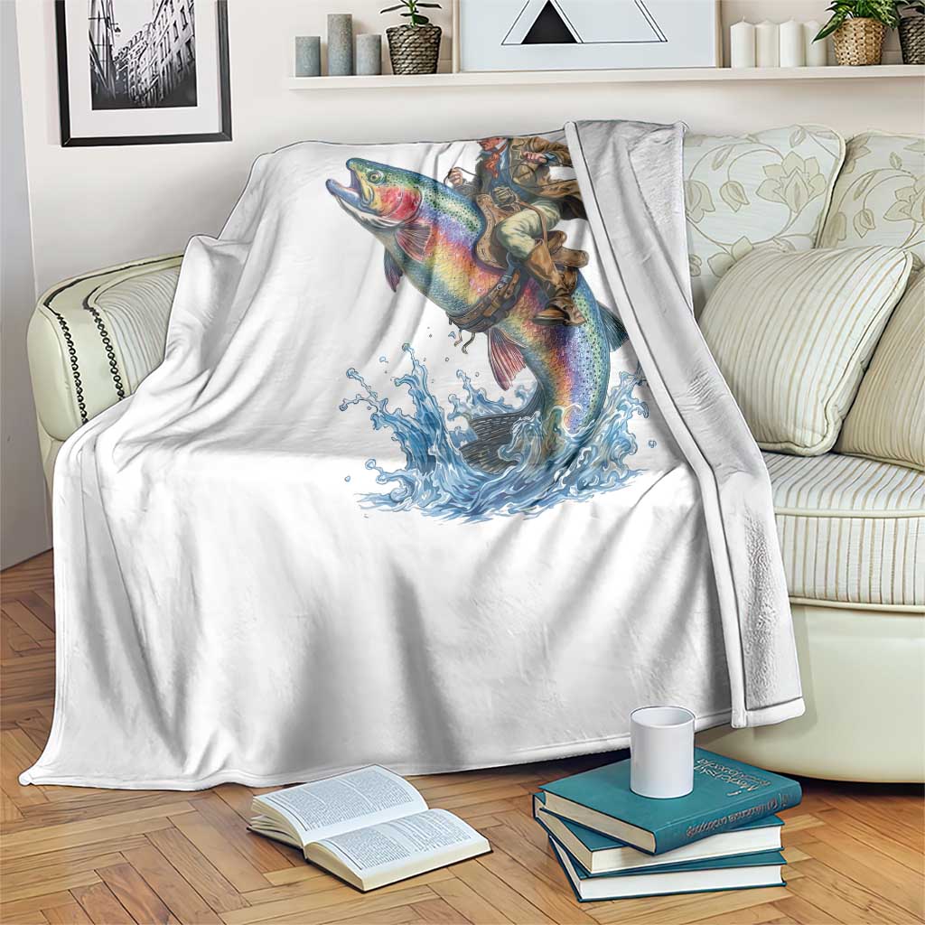 Vintage Cowboy Riding Rainbow Trout Throw Blanket Funny Fishing Western Rodeo