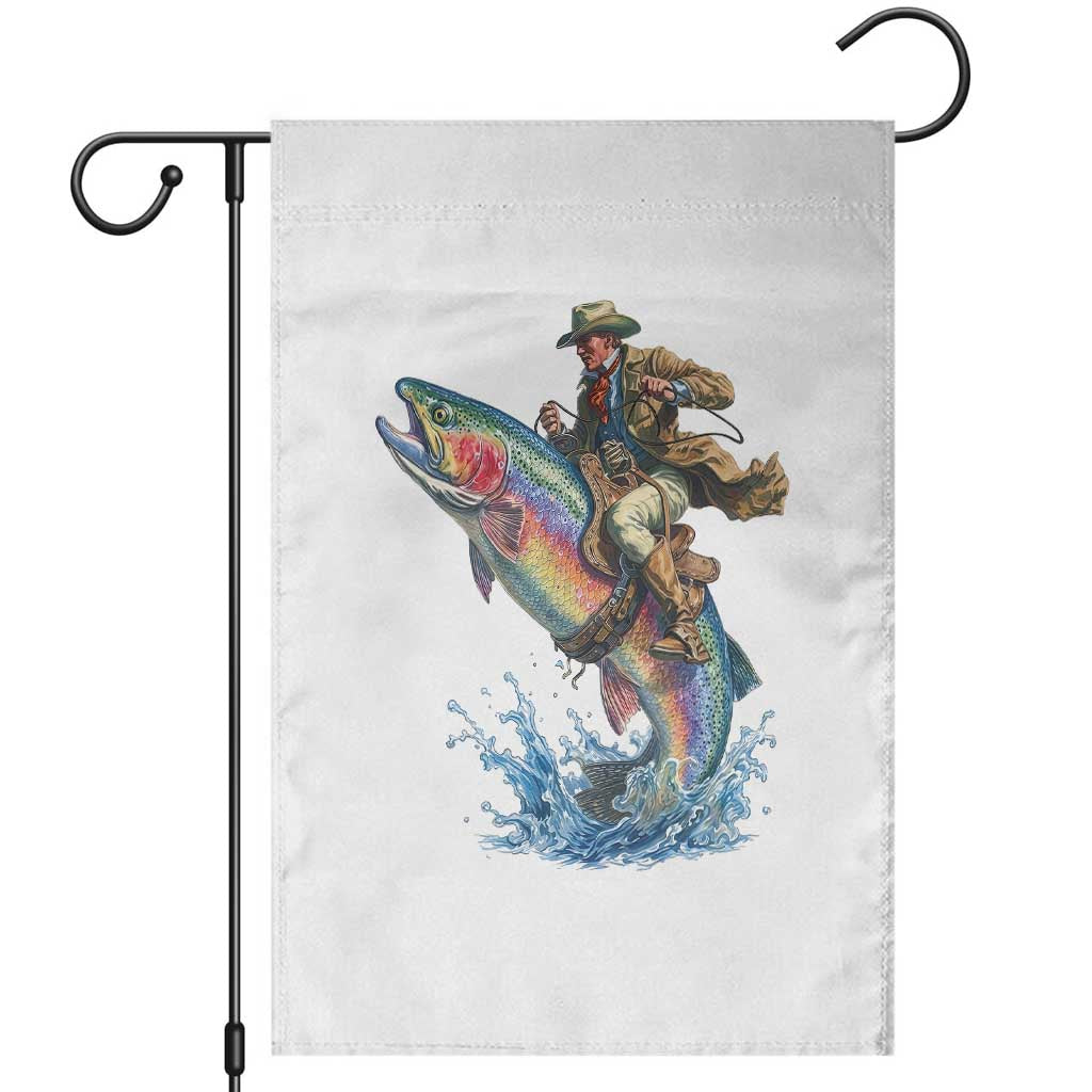 Vintage Cowboy Riding Rainbow Trout Garden Flag Funny Fishing Western Rodeo